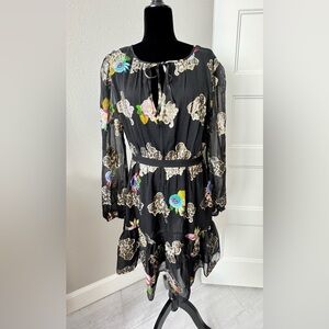 Cynthia Rowley Silk Floral Embroidered Black Mini Dress Size 10 Sheer Overlay
